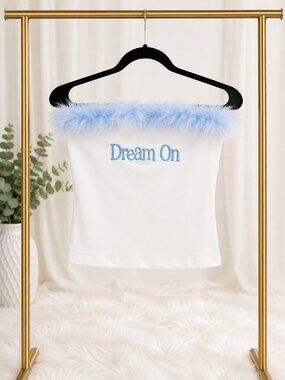 Dream On White Feather Trim Strapless Tube Top | Baby Blue | Size S
